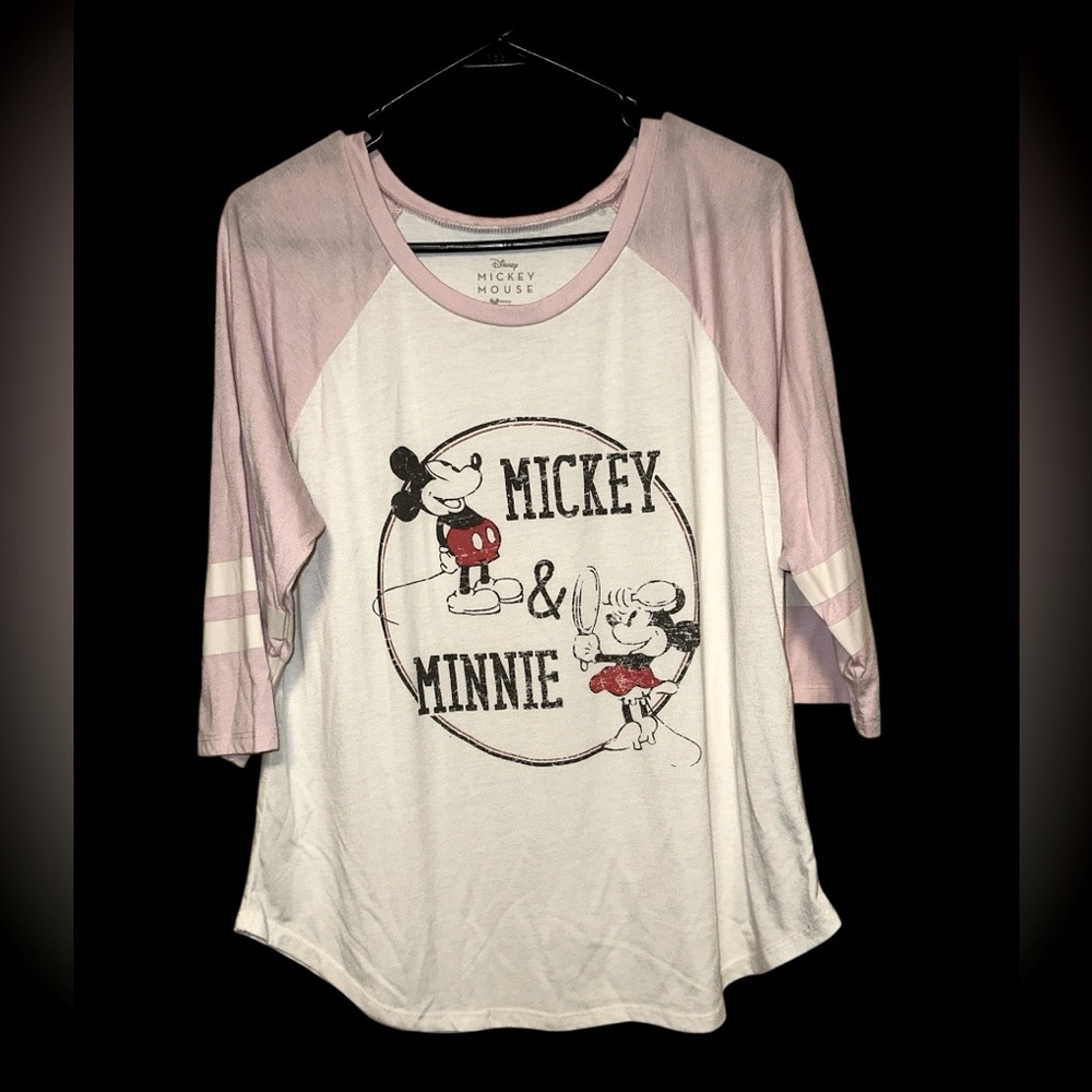 Disney Mickey‎ & Minnie Distressed Pink and White 3/4 Raglan Sleeve Tee size XXL